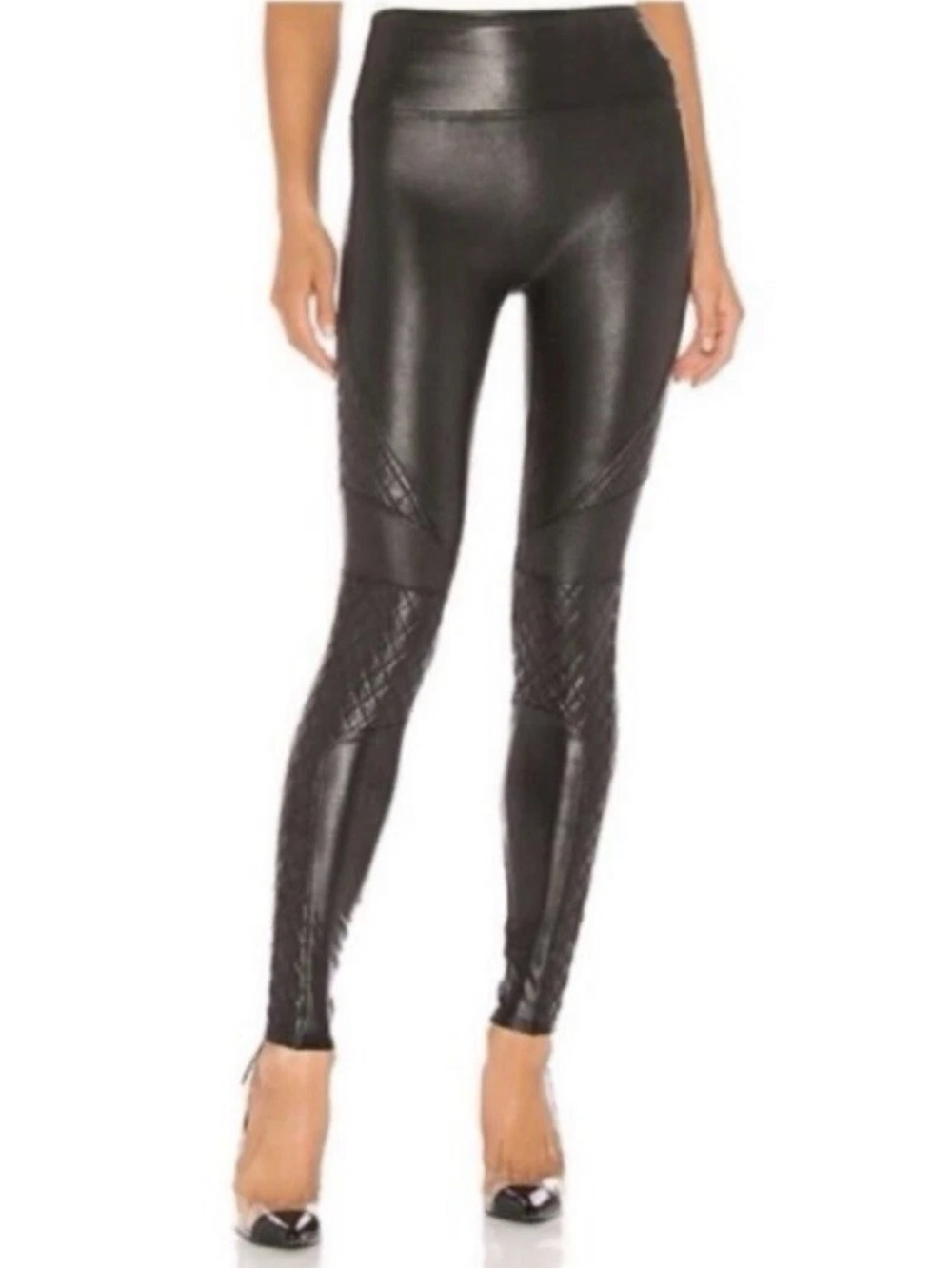 SPANX Faux Leather Moto Leggings Women’s Small Black High Rise Quilted Shaping